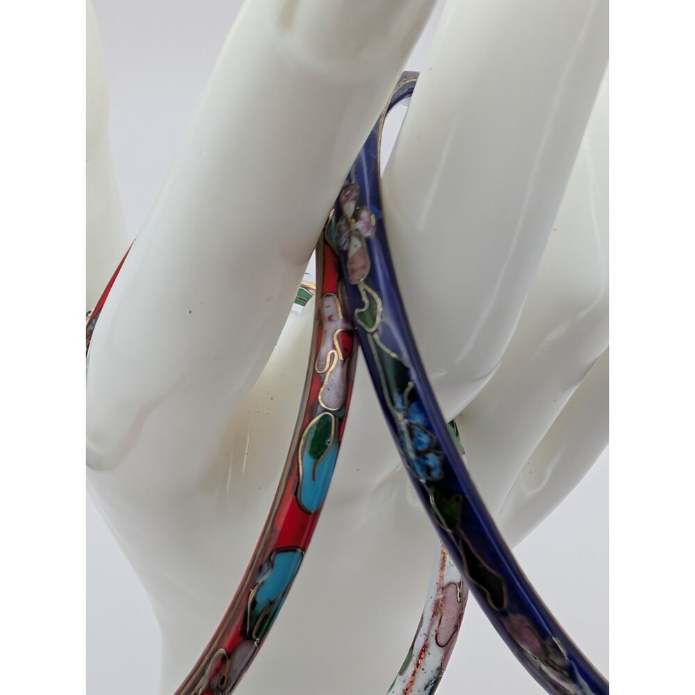 Set Of 3 Vintage Cloisonne Enamel Floral Bangle Bracelets Red White And Blue 7" - Picture 3 of 5